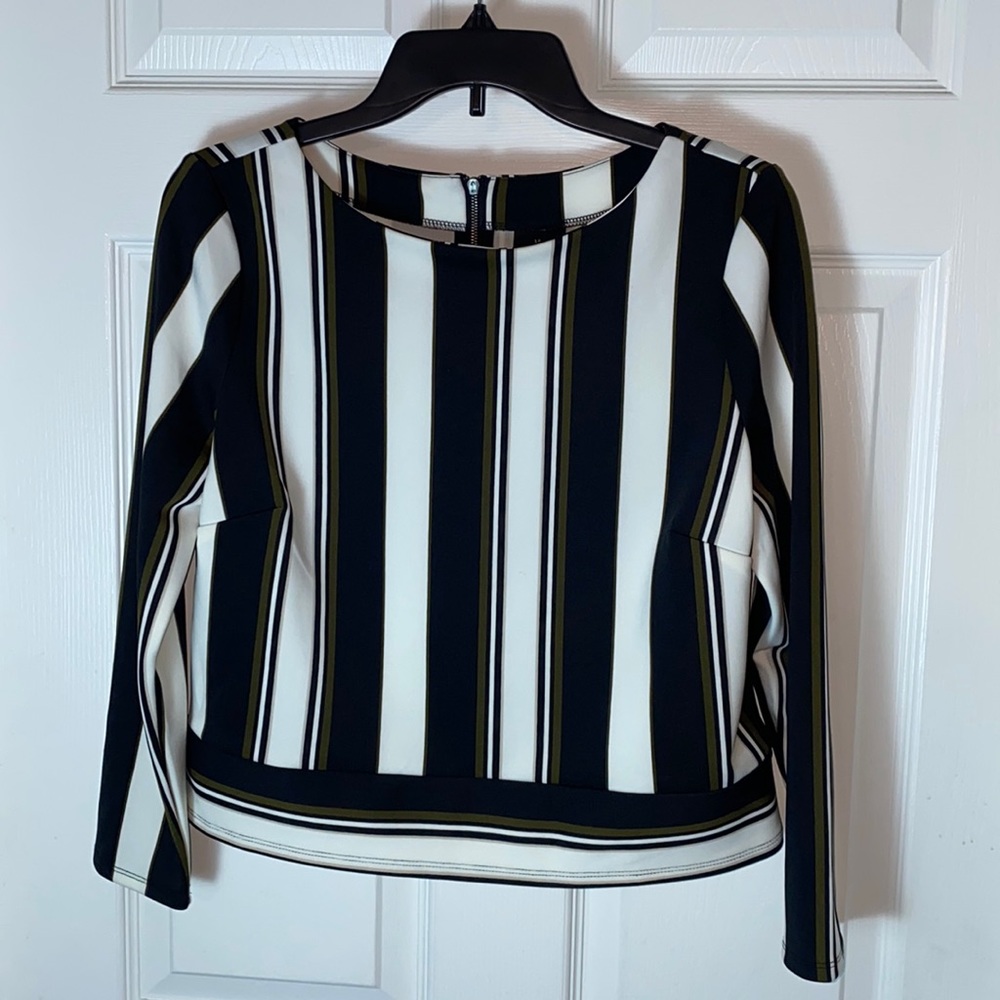 Black Brown Ivory Museum Stripe Long Sleeve Blouse Size Medium